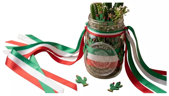 Frasco de vidrio decorado con listón tricolor y una etiqueta que dice Viva México, Fiestas Patrias, usado como macetero