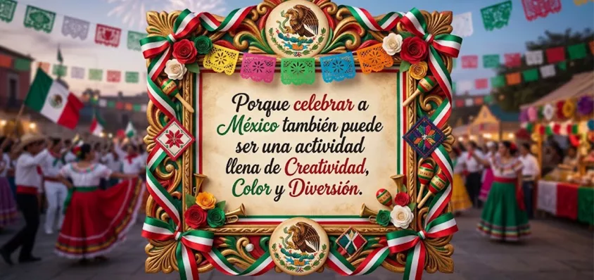 Marco decorativo dorado con el escudo nacional mexicano, papel picado y flores tricolores que dice: Porque celebrar a México también puede ser una actividad llena de Creatividad, Color y Diversión, con bailarines folclóricos de fondo