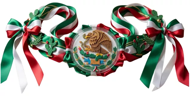 Guirnalda tricolor de listones satinados verdes, blancos y rojos con un medallón central del escudo nacional mexicano