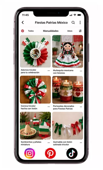 Captura de pantalla de un teléfono móvil mostrando una búsqueda de Pinterest con manualidades de Fiestas Patrias México