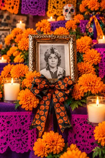 Ofrenda de Día de Muertos con fotografía enmarcada y moño de listón negro con calabazas naranjas