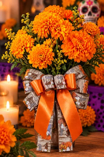 Arreglo de flores de cempasúchil con moño de listón naranja