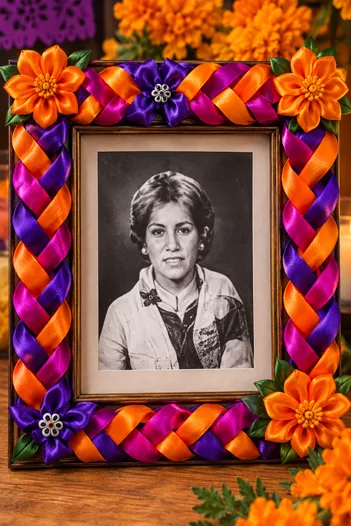 Marco para fotografía forrado con listón trenzado morado y naranja