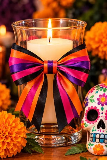Veladora en frasco de vidrio decorada con moño de listones morado, naranja y negro