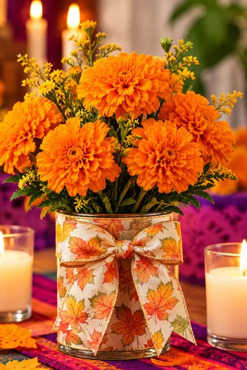 Centro de mesa con flores de cempasúchil y moño de listón estampado con hojas de otoño