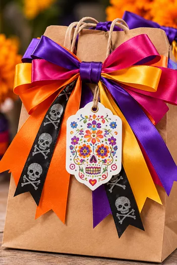 Bolsa de papel kraft cerrada con moño de listones y etiqueta de calavera