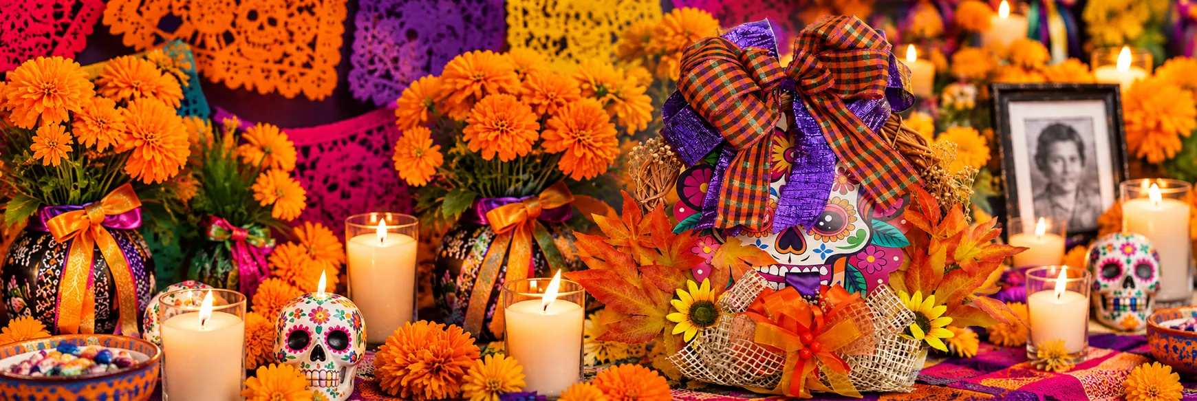 Ofrenda de Día de Muertos con flores de cempasúchil, veladoras, calaveritas de azúcar, papel picado y moños de listón