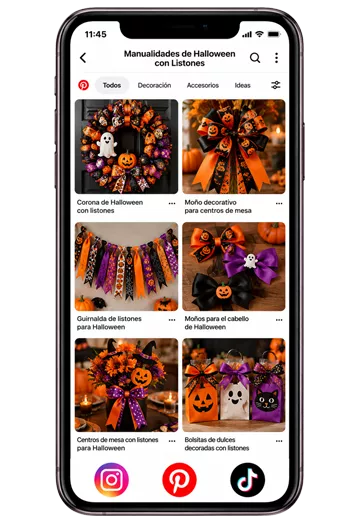 Teléfono móvil mostrando ideas de manualidades de Halloween con listones en redes sociales