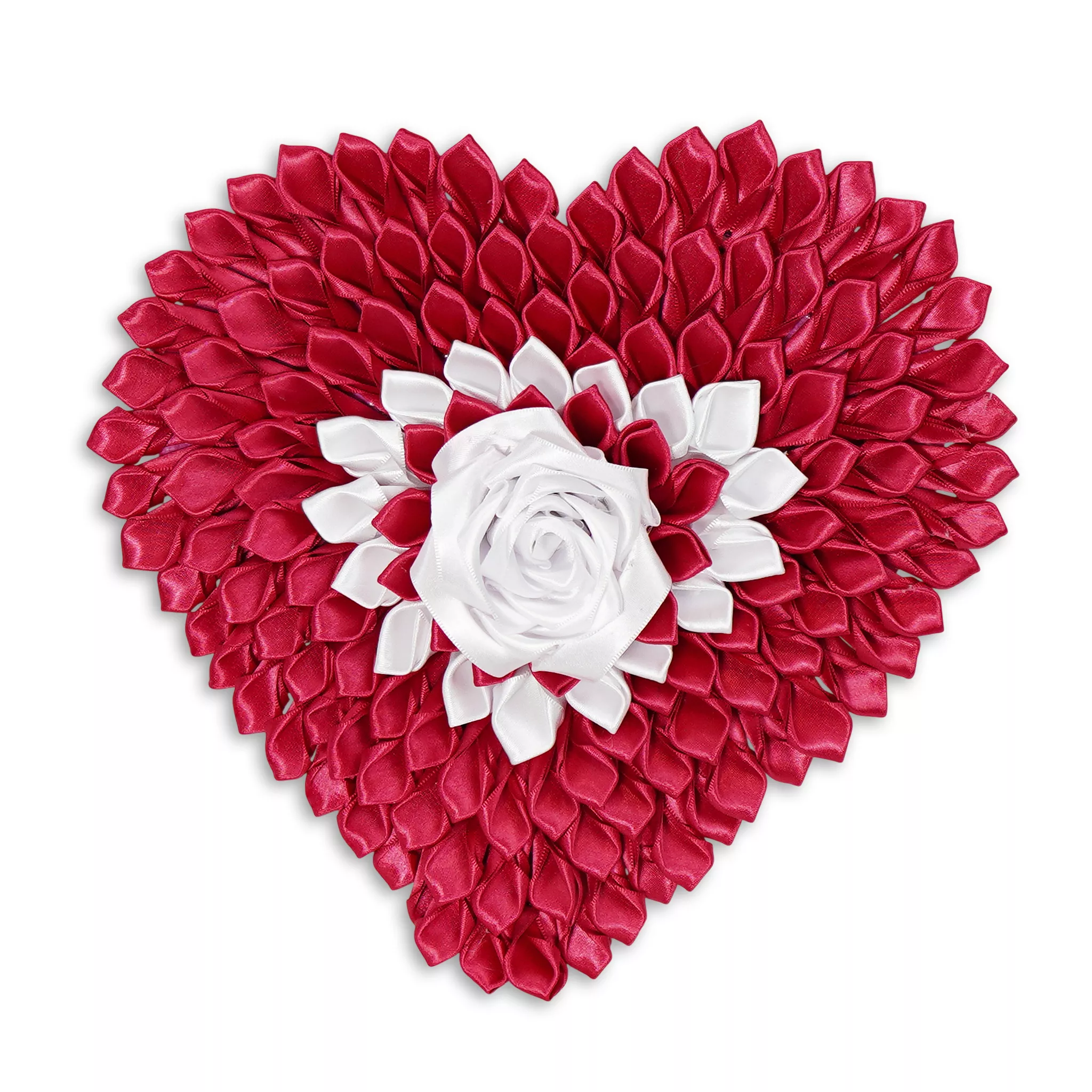 Corazón eterno de listón bugambilia con rosa blanca al centro