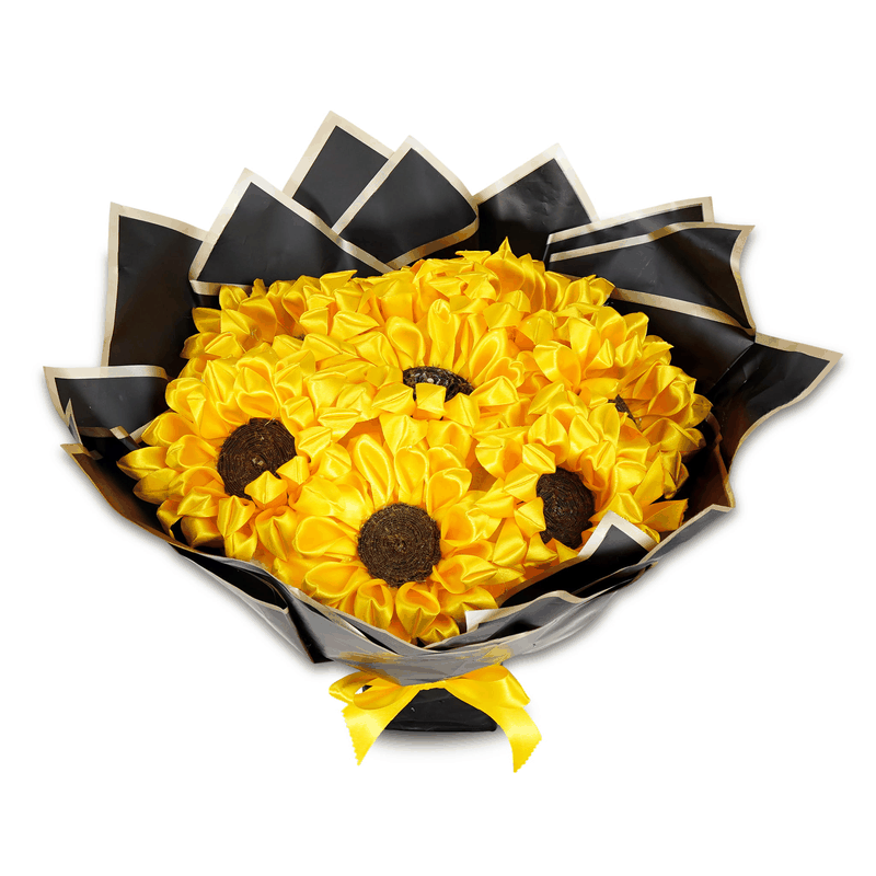 Ramo eterno de girasoles de listón amarillo con papel negro