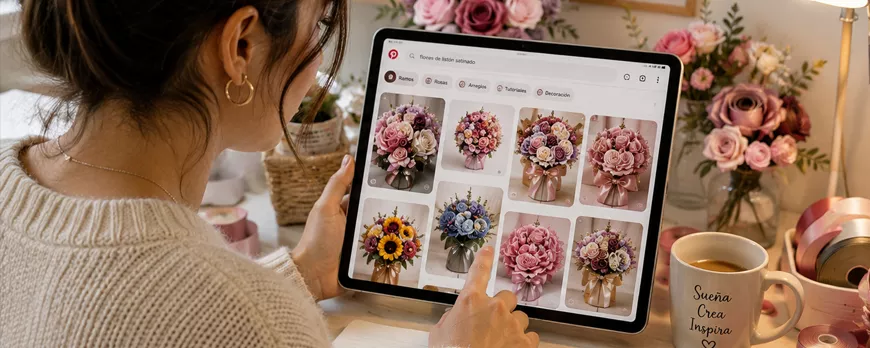 Mujer explorando ideas de ramos eternos de listón en una tableta