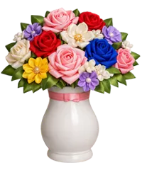 Florero blanco con ramo eterno de rosas de listón multicolor